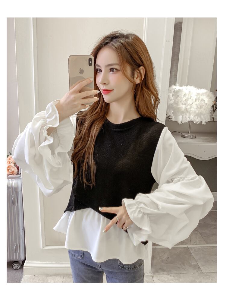 【tops】韓国ファッション早秋新作ラウンドネック長袖パフ袖偽二つ切り替えニットブラウスF0743