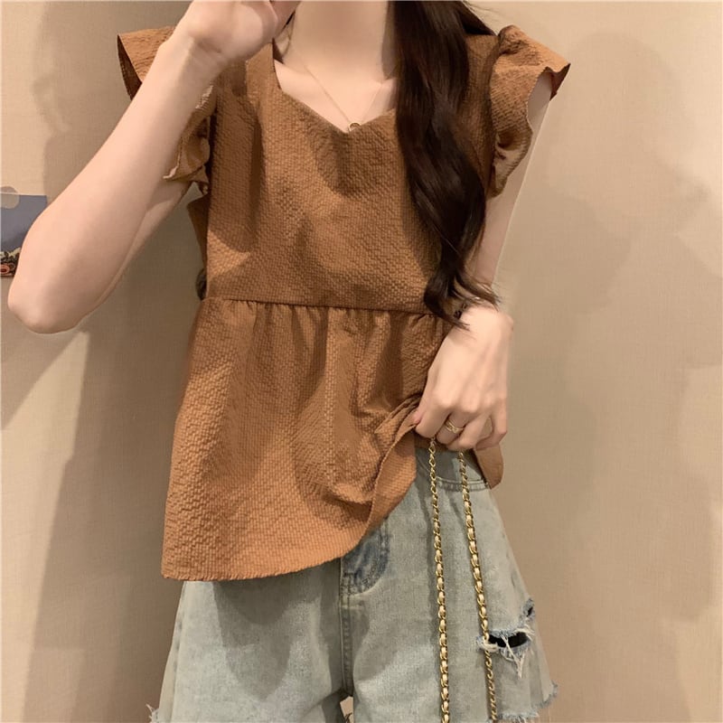 【tops】5色フレンチスリーブフリルブラウスF7483