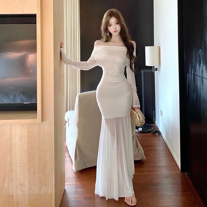 【dress】オフショルダーチュールドッキングワンピース Q7885