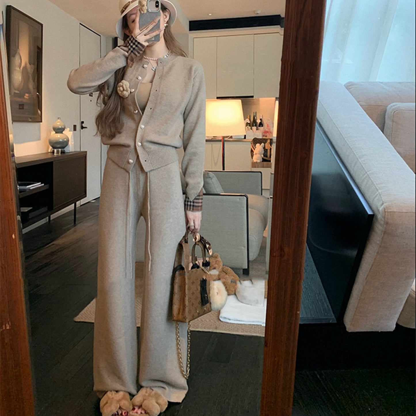 【set】チェック柄切り替えニットカーディガン×ワイドパンツセット　N3307