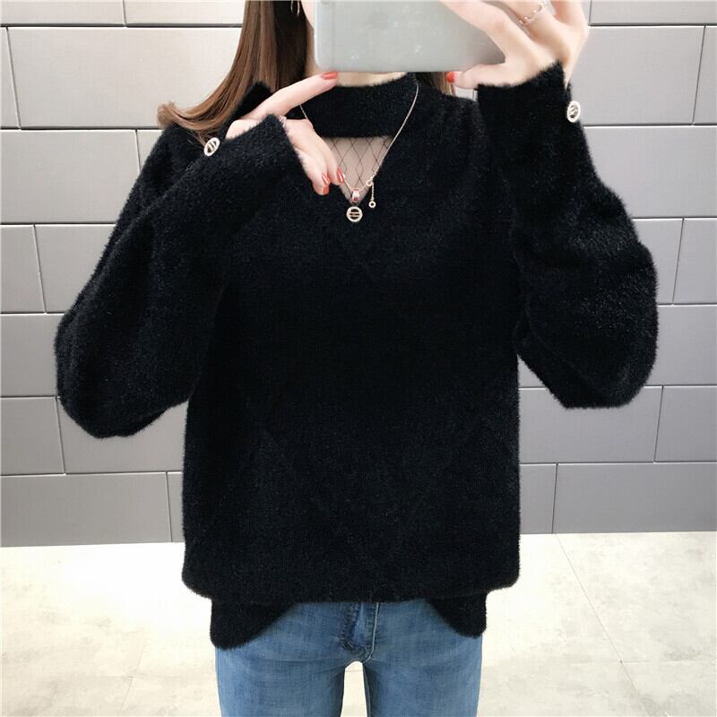 【tops】選べる5色！ハーフネック長袖メッシュ切り替え無地お洒落韓国風ニットセーターF0861