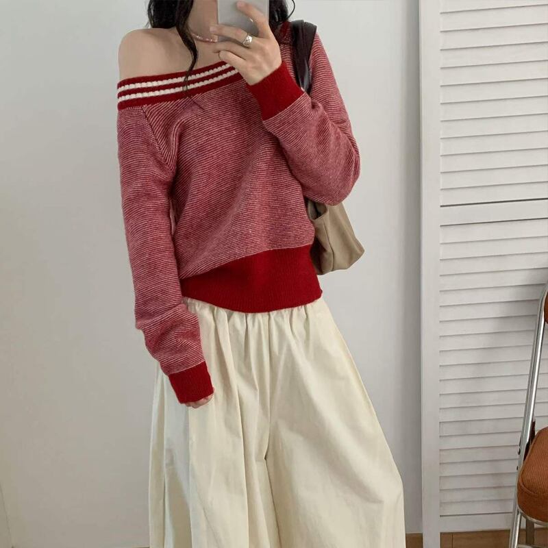 【tops】オフショルダーニットトップス Q8117