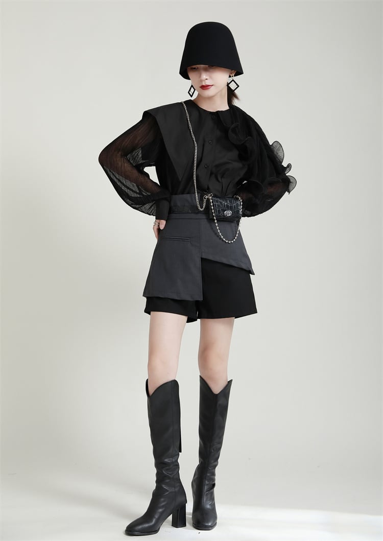 【tops】フリル不規則 イレギュラーシャツブラウス　M29334