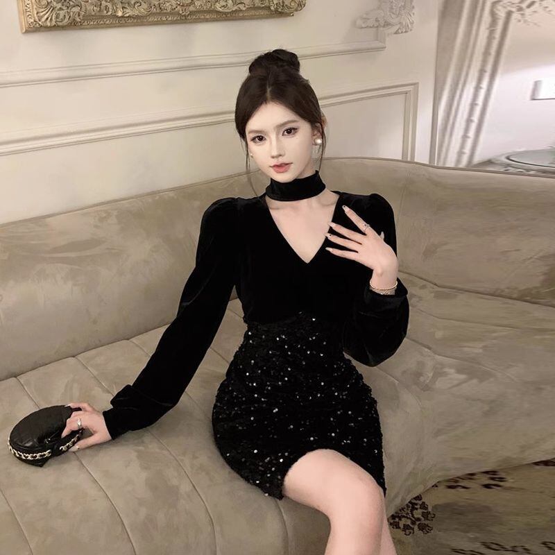 【dress】Vネック長袖スパンコールワンピース G18923