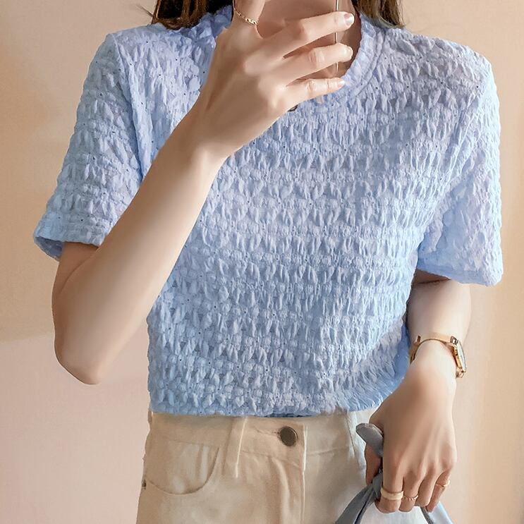 【tops】清新スウィート半袖ラウンドネック着回し無地ファッションTシャツ