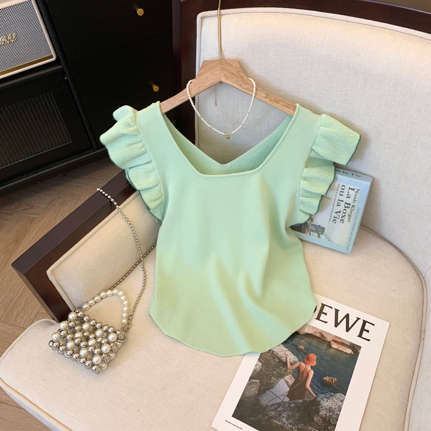 【tops】5色フレンチスリーブニットＴシャツF7442