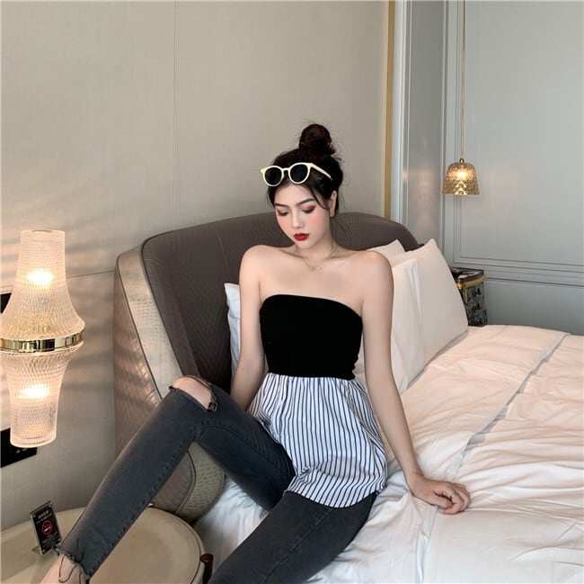 【tops】レトロセクシー気質満点ボートネック切り替え体型カバーストライプ柄シャツ G8793