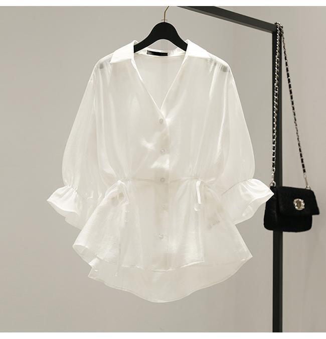 【tops】Vネック美人度アップ!韓国系夏ルーズスウィートフリルシフォンシャツ