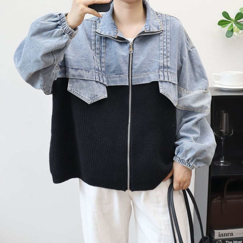 【outer】ニットドッキングデニムジャケット Q6497