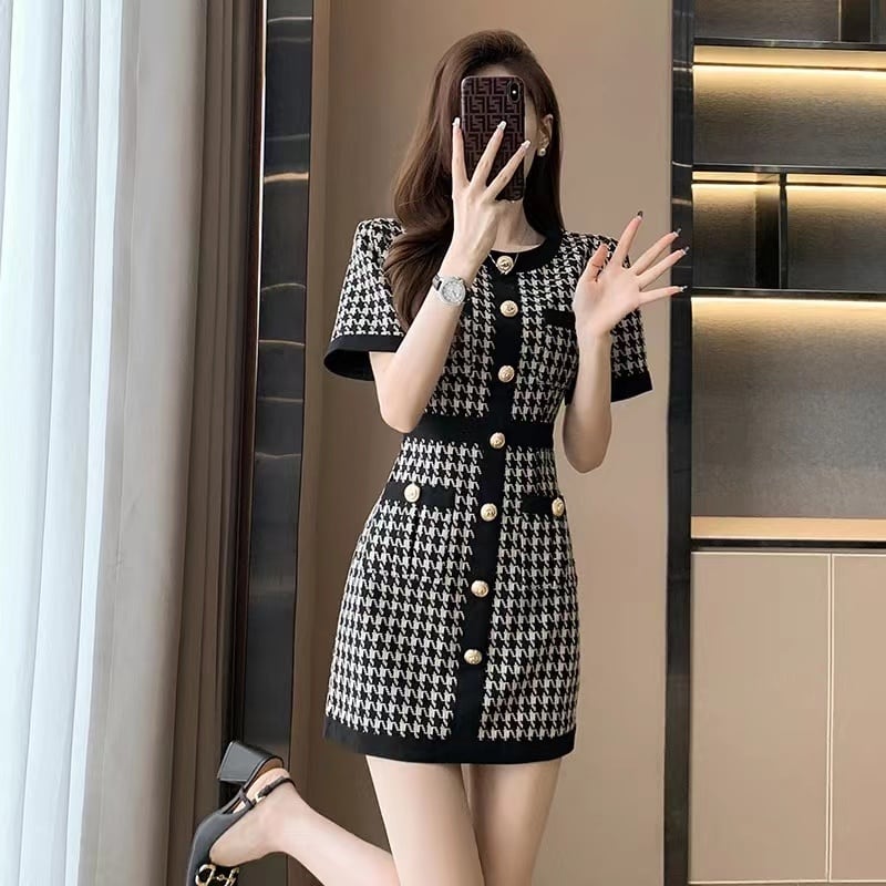 【dress】ラウンドネック千鳥柄ニットワンピースF7323