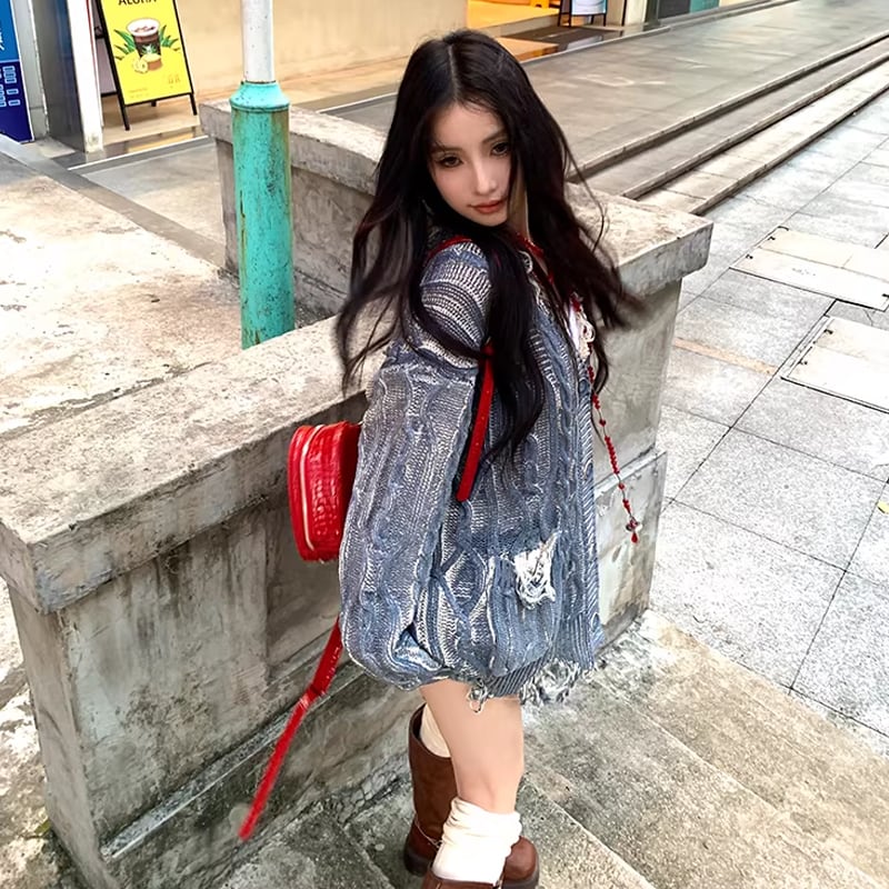 【outer】ダメージ加工ニットカーディガン Q8134