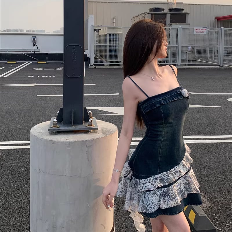【dress】レースドッキングデニムキャミワンピース Q8205