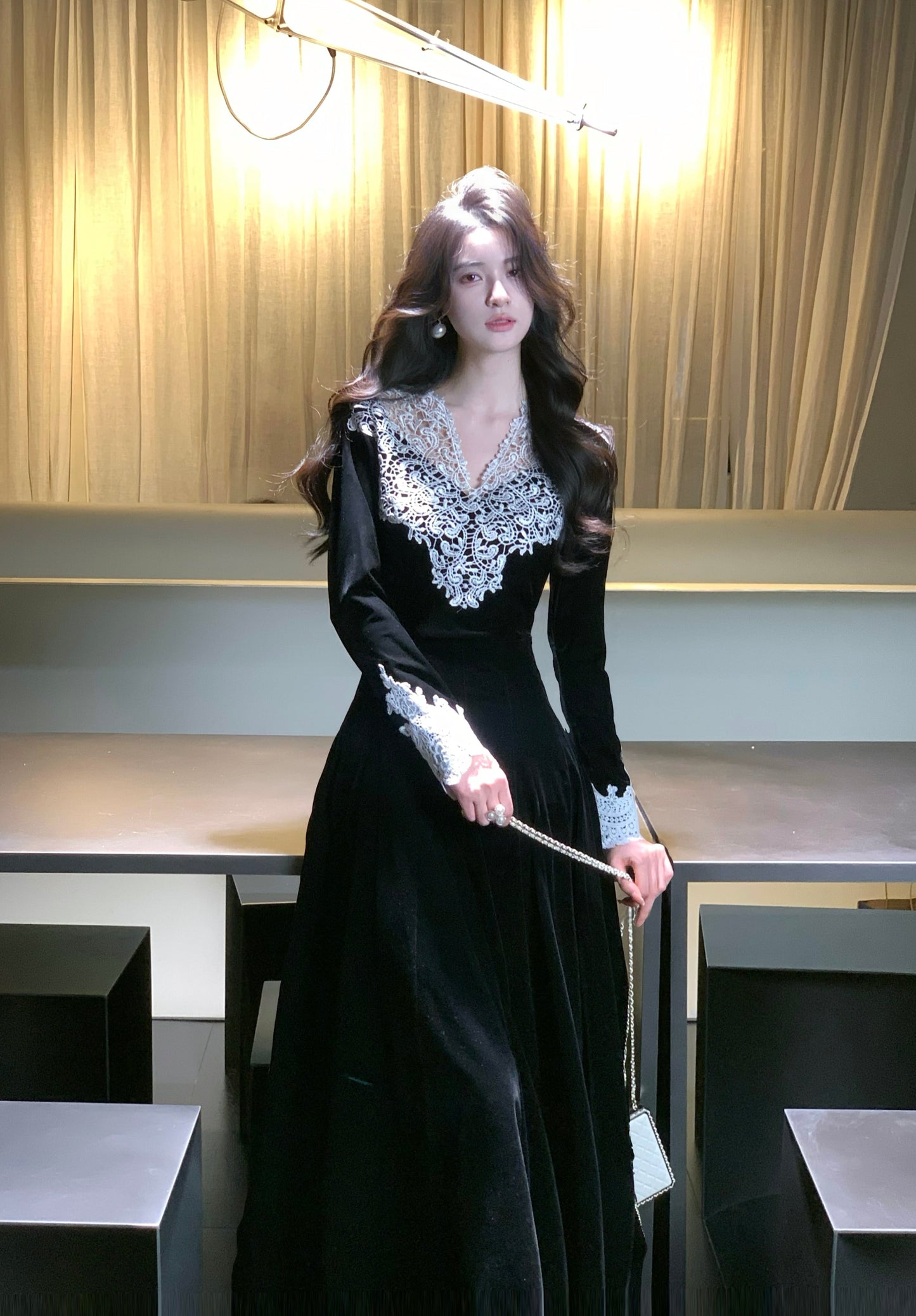【dress】レーストリミングベロアワンピース　N3476