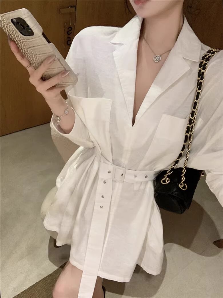 【dress】ベルト付きミニシャツワンピース Q8383