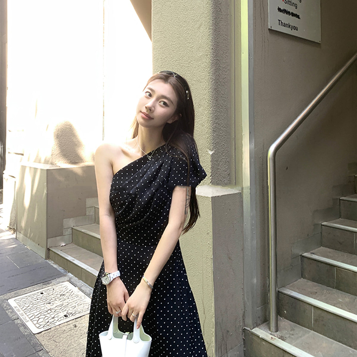 【dress】ワンショルダーリボンドット柄ワンピース　N3045