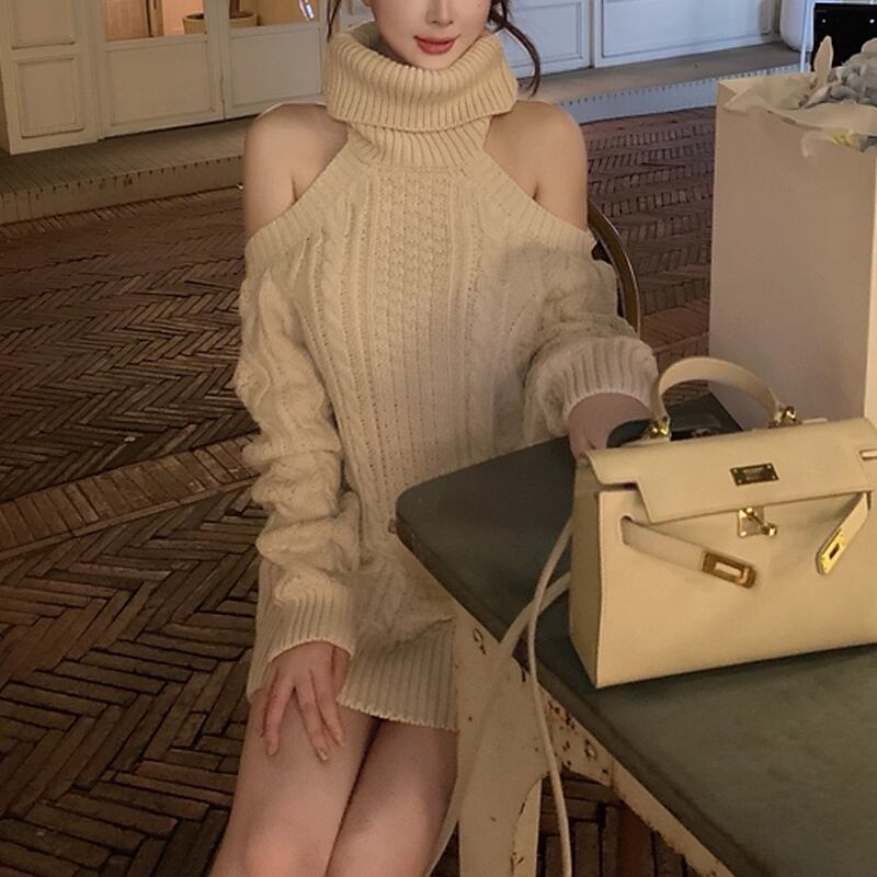 【dress】2wayハイネックホルターネックニットワンピース Q7558