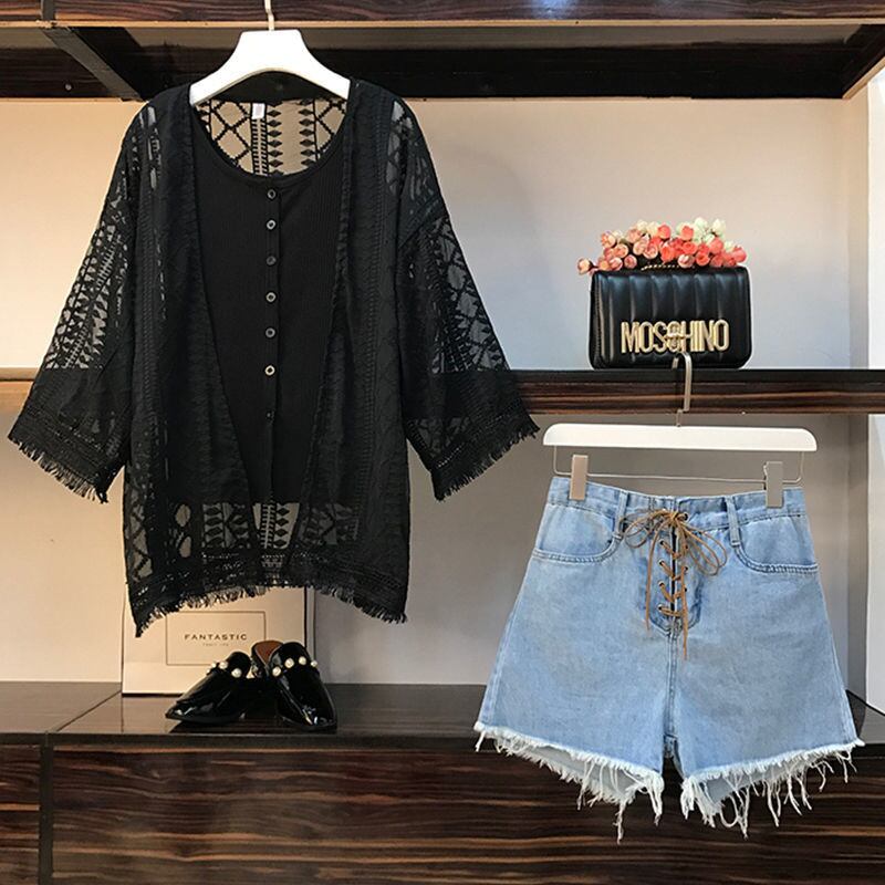 【set】好感度満載！3点セットレースカーディガン+無地タンクトップ+デニムショートパンツF0233