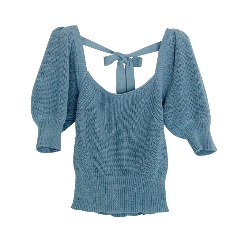 【tops】大人可愛いパフスリーブ無地ショート丈ボウタイニットF0022