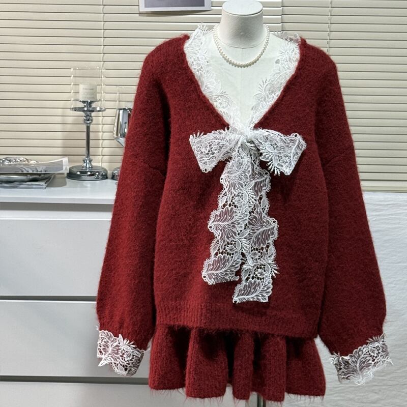 【set】レースドッキングニットトップス×ミニスカートセット Q7827
