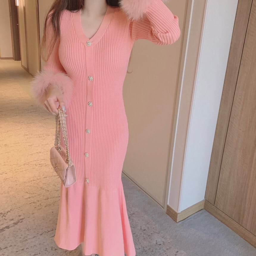 【dress】袖ファー マーメイドニットワンピース　M26156