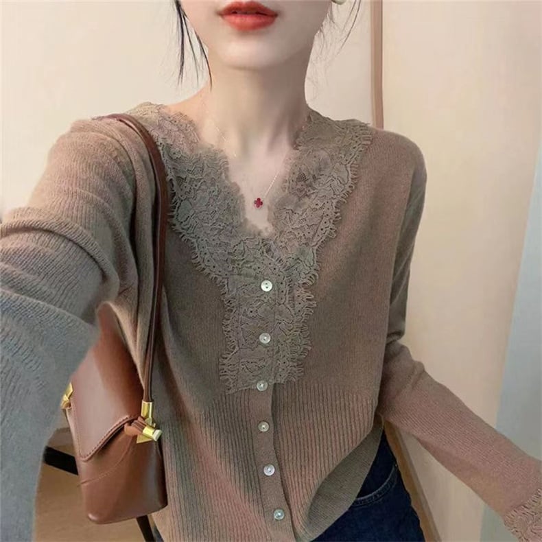 【tops】レース切り替えニットトップス　M25992