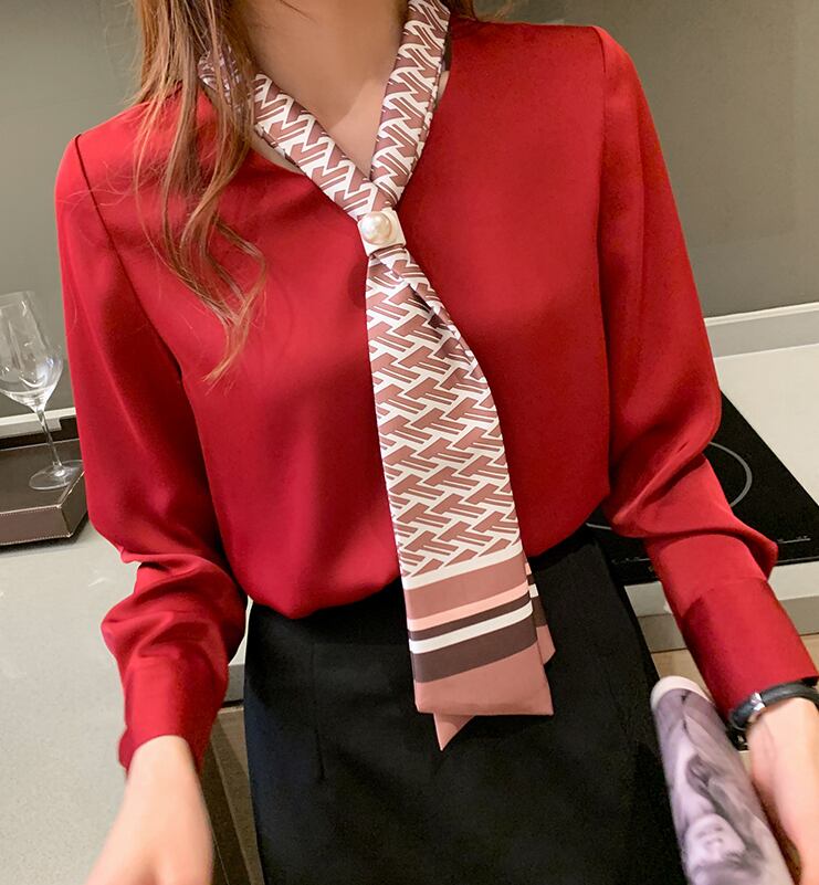 【tops】春新作バンドカラー長袖体型カバーファッションプリント配色シャツF0672