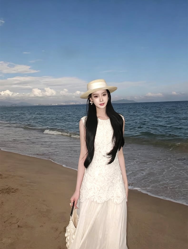 【dress】ノースリーブレースドッキングロングワンピース Q8466