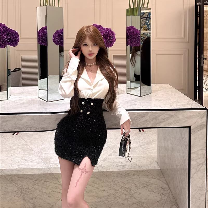 【dress】シャツドッキングタイトワンピース Q7844