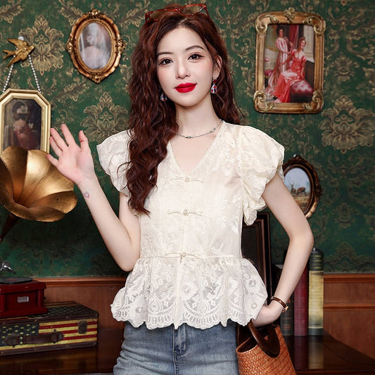 【tops】レースパフスリーブブラウスG21541