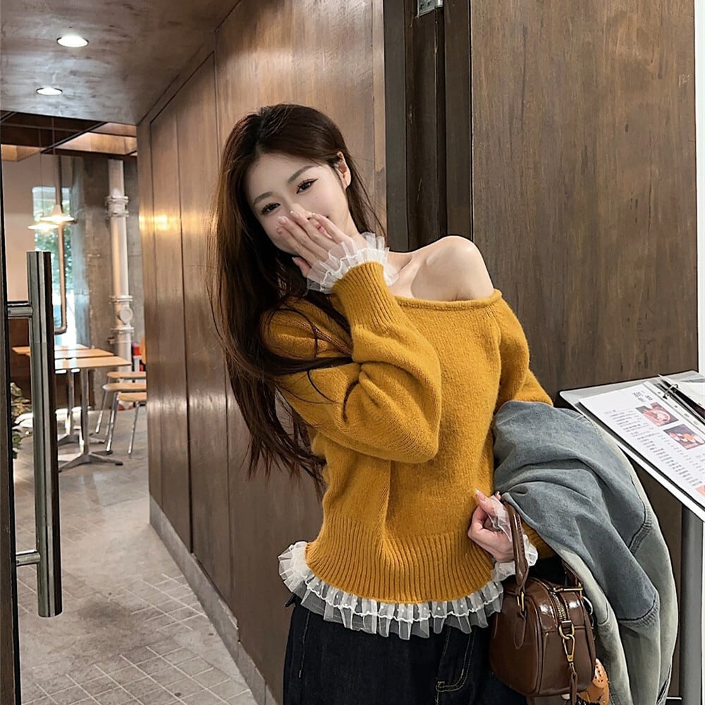 【tops】オフショルダーレース切り替えニットセーター　M28799