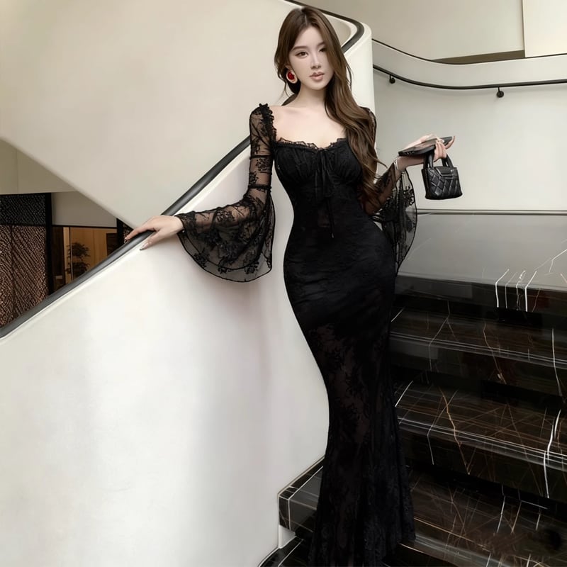 【dress】スクエアネックレースワンピース Q7419