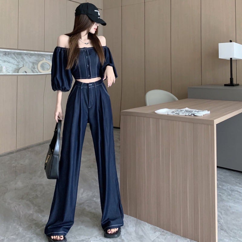 【set】オフネック半袖パフ袖ブラウス+無地ガウチョパンツ2点セットF5313