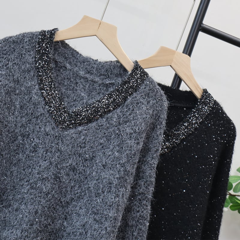【tops】スパンコール付きニットトップス Q7435