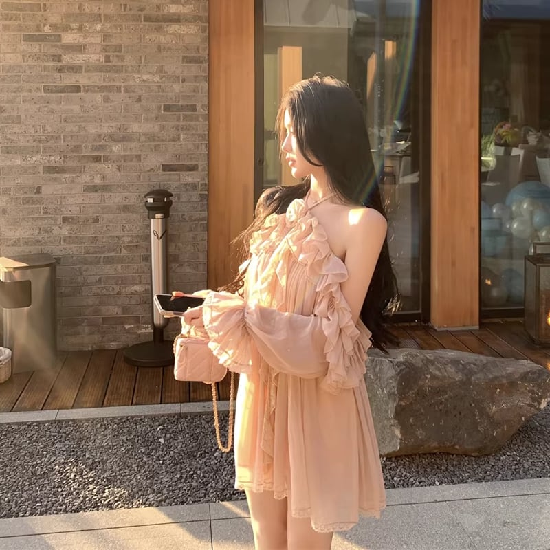 【dress】ホルターネックギャザーフリルミニワンピース Q8317