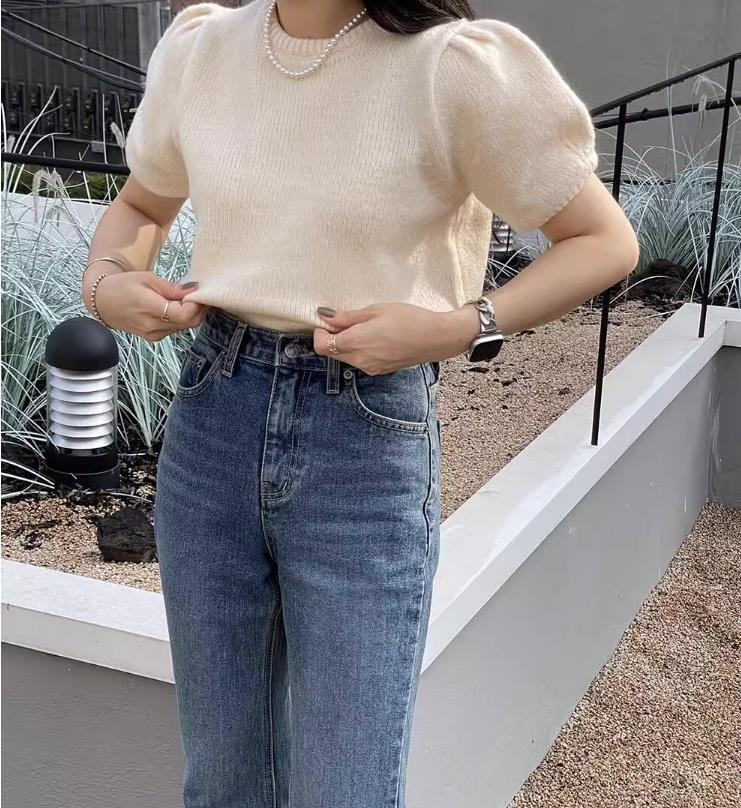 【tops】半袖パフ袖ニットＴシャツF7427