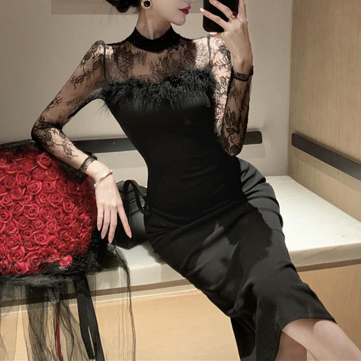 【dress】透け感フェイクファーデートワンピース　N2397