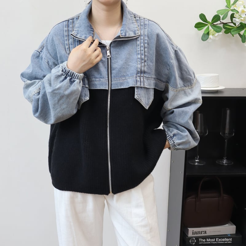 【outer】ニットドッキングデニムジャケット Q6497
