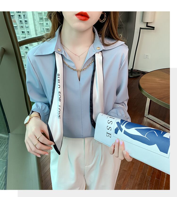 【tops】韓国ファッションラペル長袖無地ファッション着回しOL通勤シャツF0664