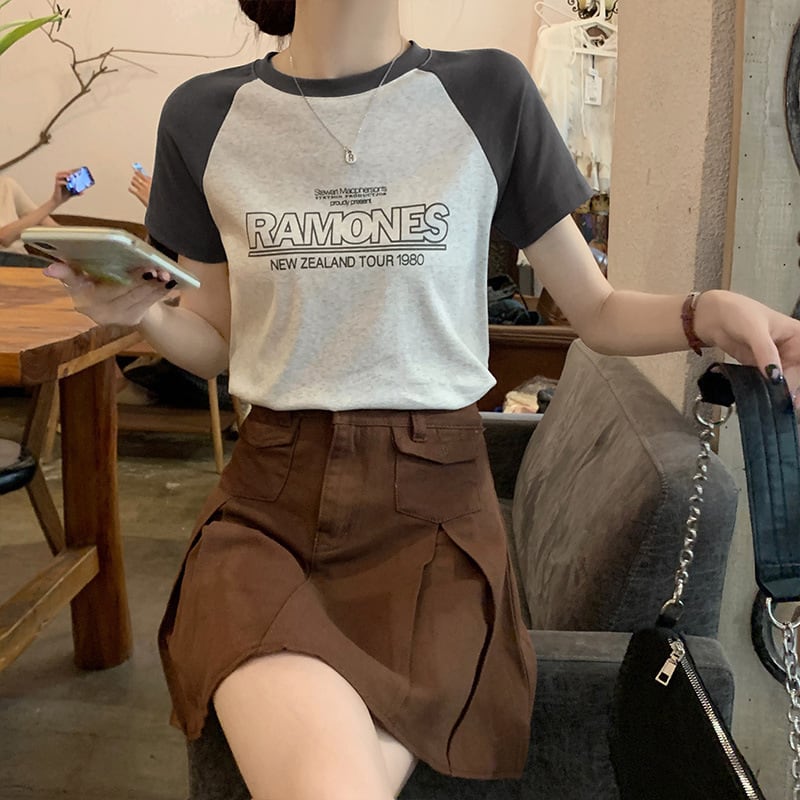 【tops】3色半袖英字柄ＴシャツF7494