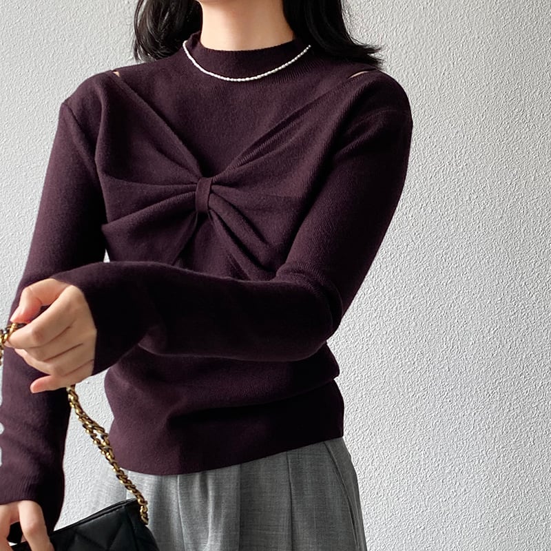 【tops】リボンフェイクレイヤードニットトップス Q7240