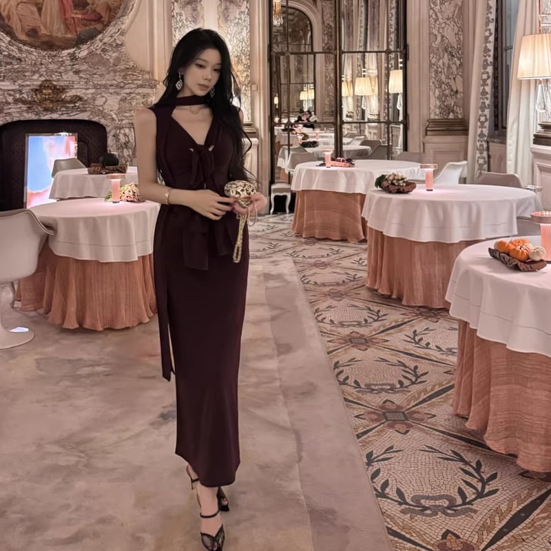 【dress】スカーフ付きノースリーブリボンロングワンピース Q7817
