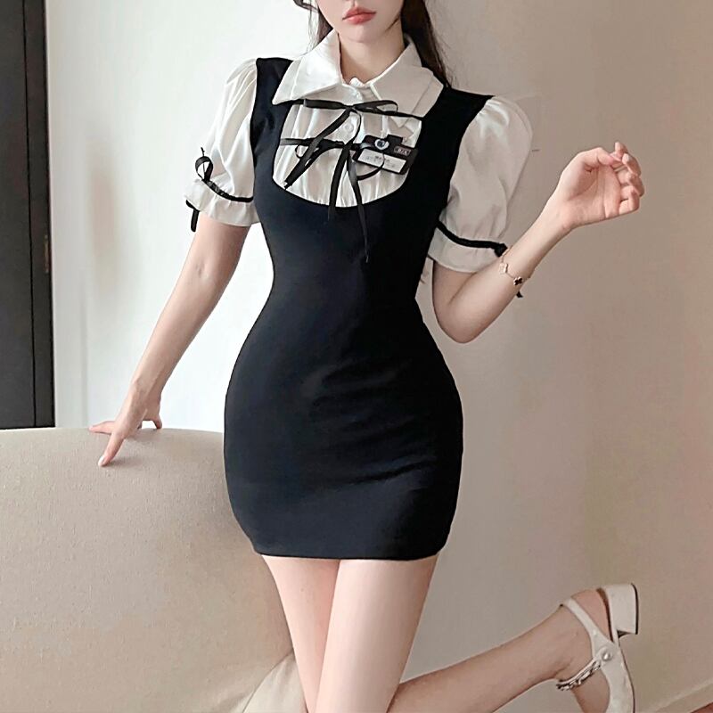 【dress】リボン付きフェイクレイヤードワンピース Q8415