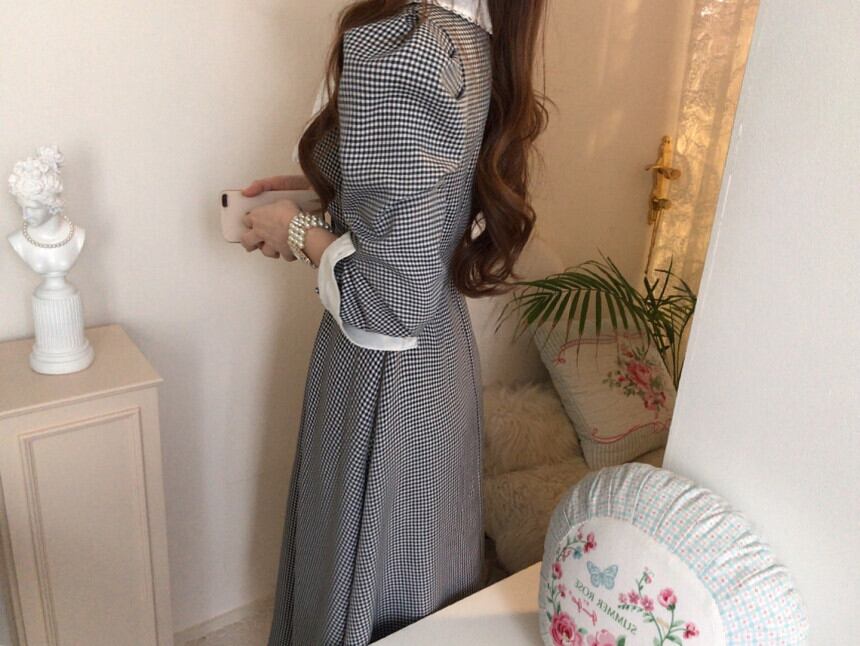 【dress】秋高級感 気質満点ドールカラーフランス風チェック柄ワンピース G1784