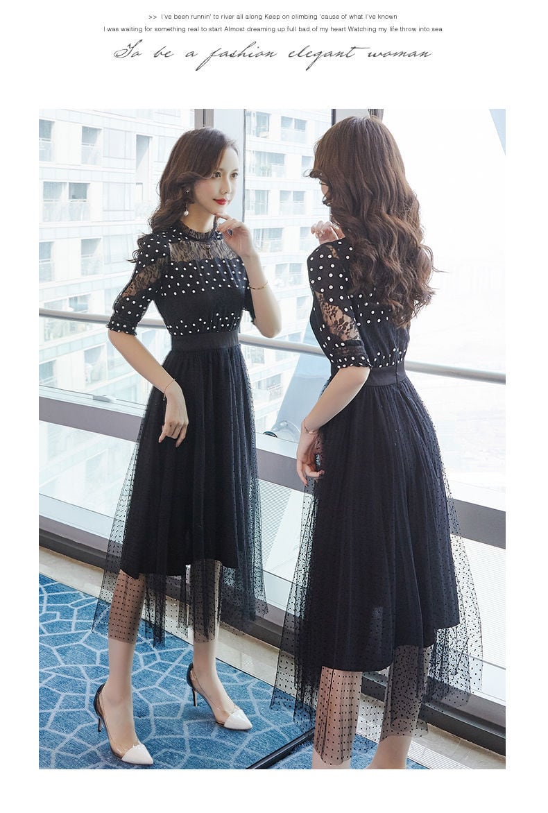 【dress】好感度UP!気質満点フェミニンレース体型カバードット柄ワンピース G0506