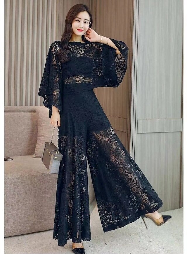 【set】ラウンドネックレース透かし彫りトップス（インナー付き)+カジュアルパンツ2点セット F1922