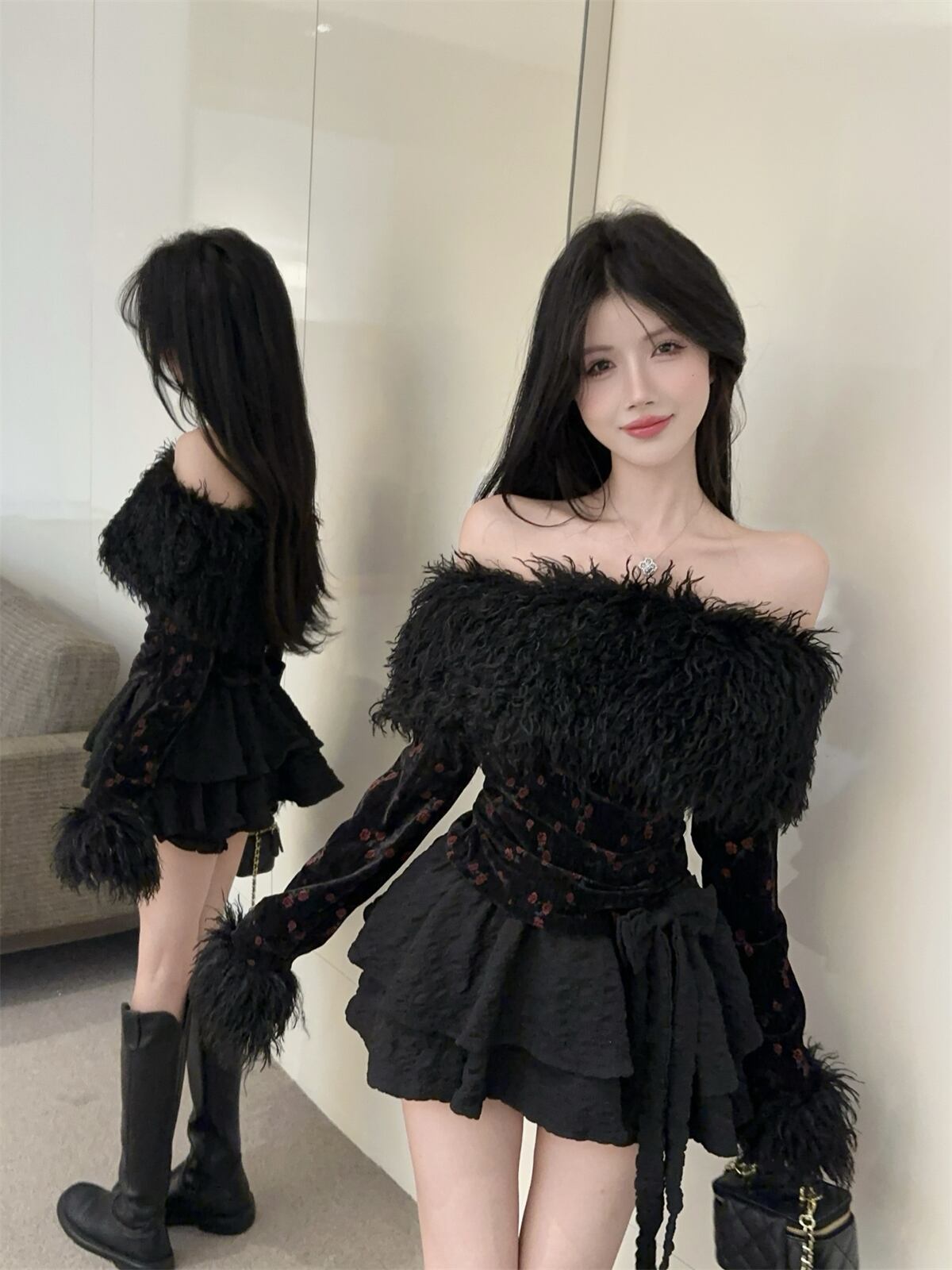 【set】ファードッキング花柄オフショルダー裹起毛トップス×リボン付きスカートセット　M28464