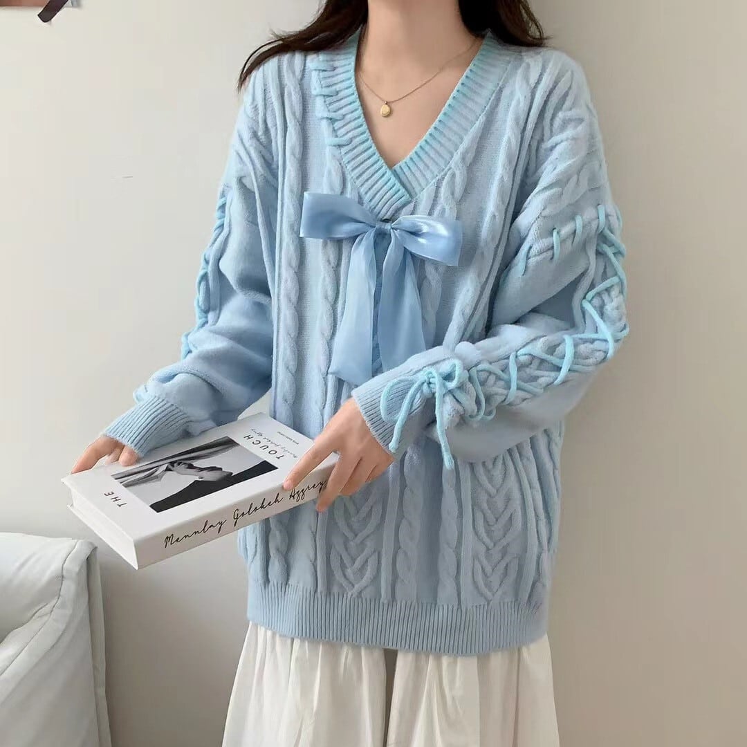 【tops】リボン付きレースアップニットセーター　N2714