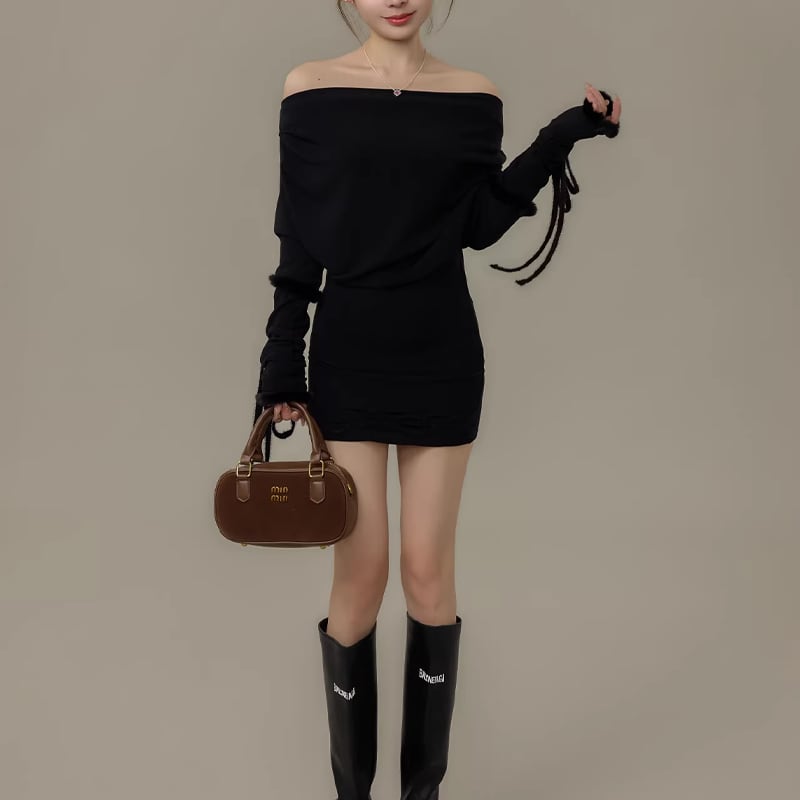 【dress】ファー付きオフショルダーニットワンピース Q7730