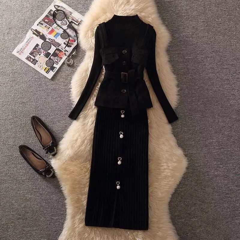 【set】3点セットウェスト絞りベスト+無地セーター+体型カバースカート通勤日常秋冬新作セットアップF1292