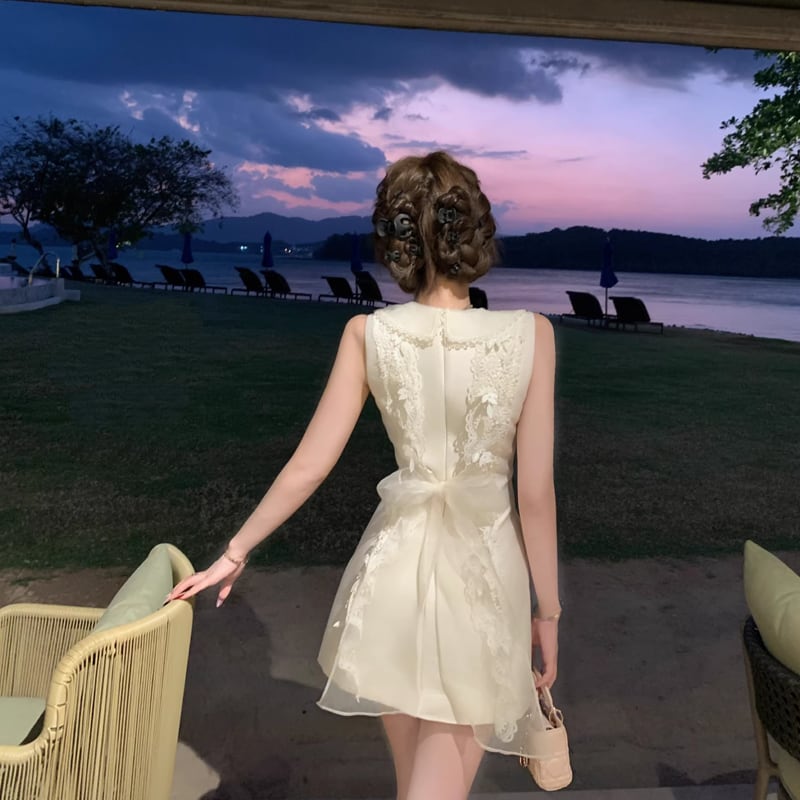 【dress】バックリボンレースドッキングミニワンピース Q8390